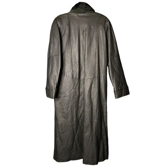 Vintage Women's M Black Leather Faux Fur Long Coat Trench Overcoat Classic Style - Picture 2 of 13